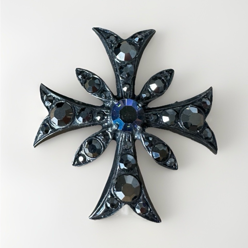 Vintage Maltese Cross Brooch Distressed Antiqued Metal & Black Rhinestones